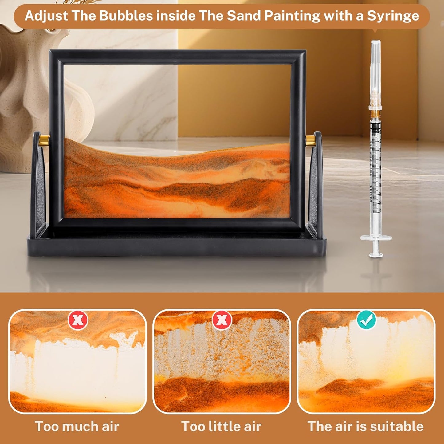 BOLGRLONG Moving Sand Art Liquid Motion 3D Dynamic Mountains Sandscape Painting, Square Glass Sands Painting with Easy-Flip Stand, Sensory Relaxing Decor for Home and Office (9") (Black)