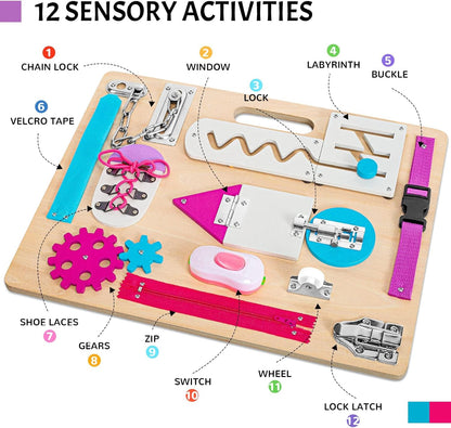 Montessori Busy Board for Toddlers, Wooden Sensory Toys, Preschool Learning Activities for Fine Motor Skills Travel Toy, Basic Life Skills Educational Gifts for 1 2 3 Years Old Kids Boys Girls