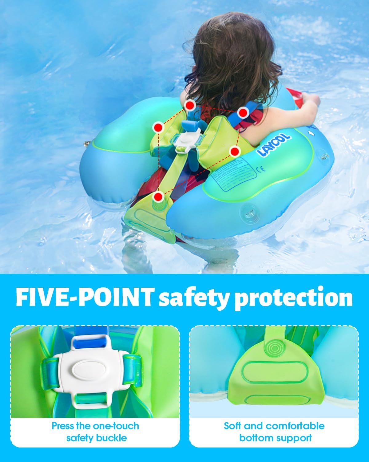LAYCOL Baby Pool Float with Canopy UPF50+, 5 Point Safety Buckle No Flip Over, Inflatable Toddler Floaties Infant Pool Floats with Double Air Chambers, Baby Beach Essentials/Traval for 3-36M