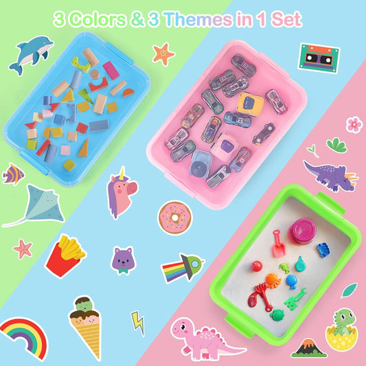 FIIOEOY 3 Pcs Sensory Bin Sand Tray with Lid & 3 Stickers, Stackable Plastic Storage Containers, Portable Sandbox, Organizers for Toys, Sand, Arts, Crafts (Blue, Green, Pink)
