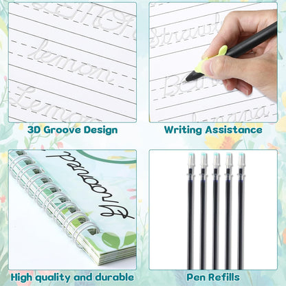 chiazllta Grooved Cursive Handwriting Workbook with Disappearing Ink Pens Magic Reusable Grooved Cursive Writing Practice for Beginners Kids Kickoff Student Workbook Homeschooling Supplies (Letters)
