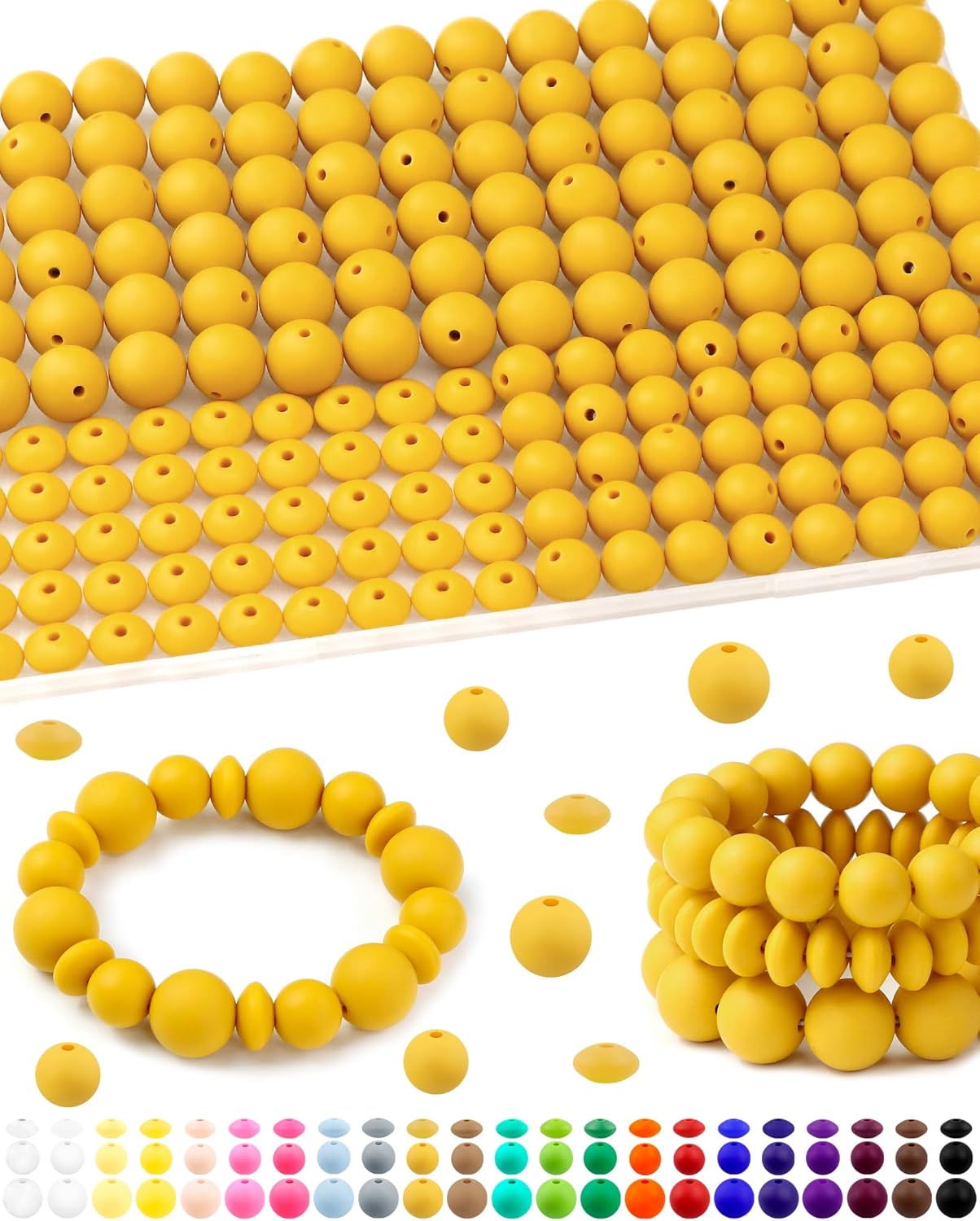 200Pcs FIVEIZERO Mixed Silicone Beads for Keychain Making, 12mm 15mm Round and 12mm Lentil Silicone Beads for Pens Bracelet Necklace DIY Crafts(Black)