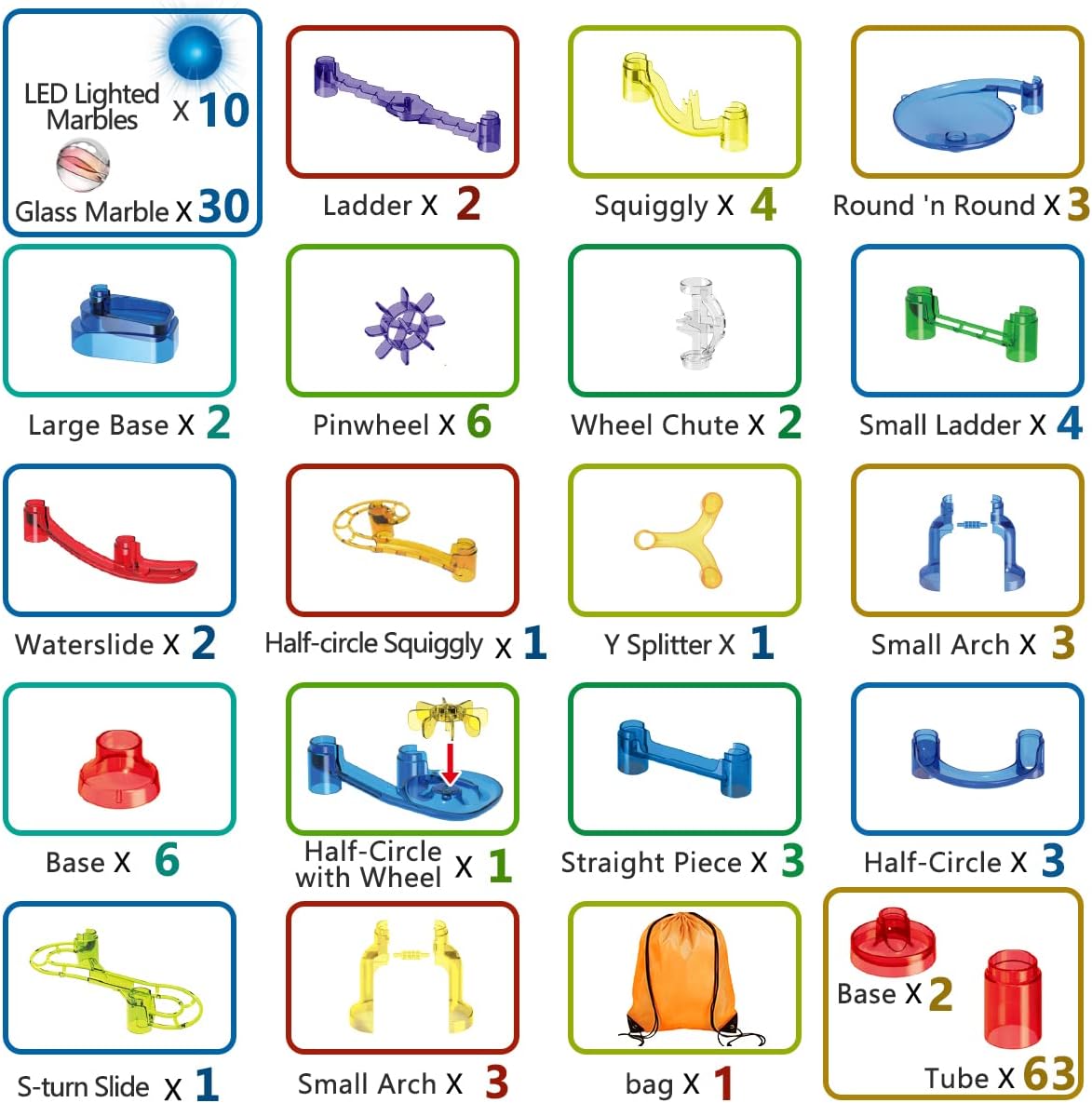 Meland Marble Run - 132Pcs Marble Maze Game Building Toy for Kid, Marble Track Race Set & STEM Learning Toys for Boy Girl Age 3 4 5 6 7 8 9+ (102 Translucent Marbulous Pcs & 30 Glass Marbles)