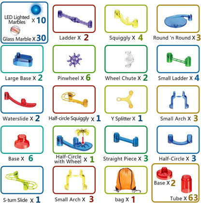 Meland Marble Run - 132Pcs Marble Maze Game Building Toy for Kid, Marble Track Race Set & STEM Learning Toys for Boy Girl Age 3 4 5 6 7 8 9+ (102 Translucent Marbulous Pcs & 30 Glass Marbles)