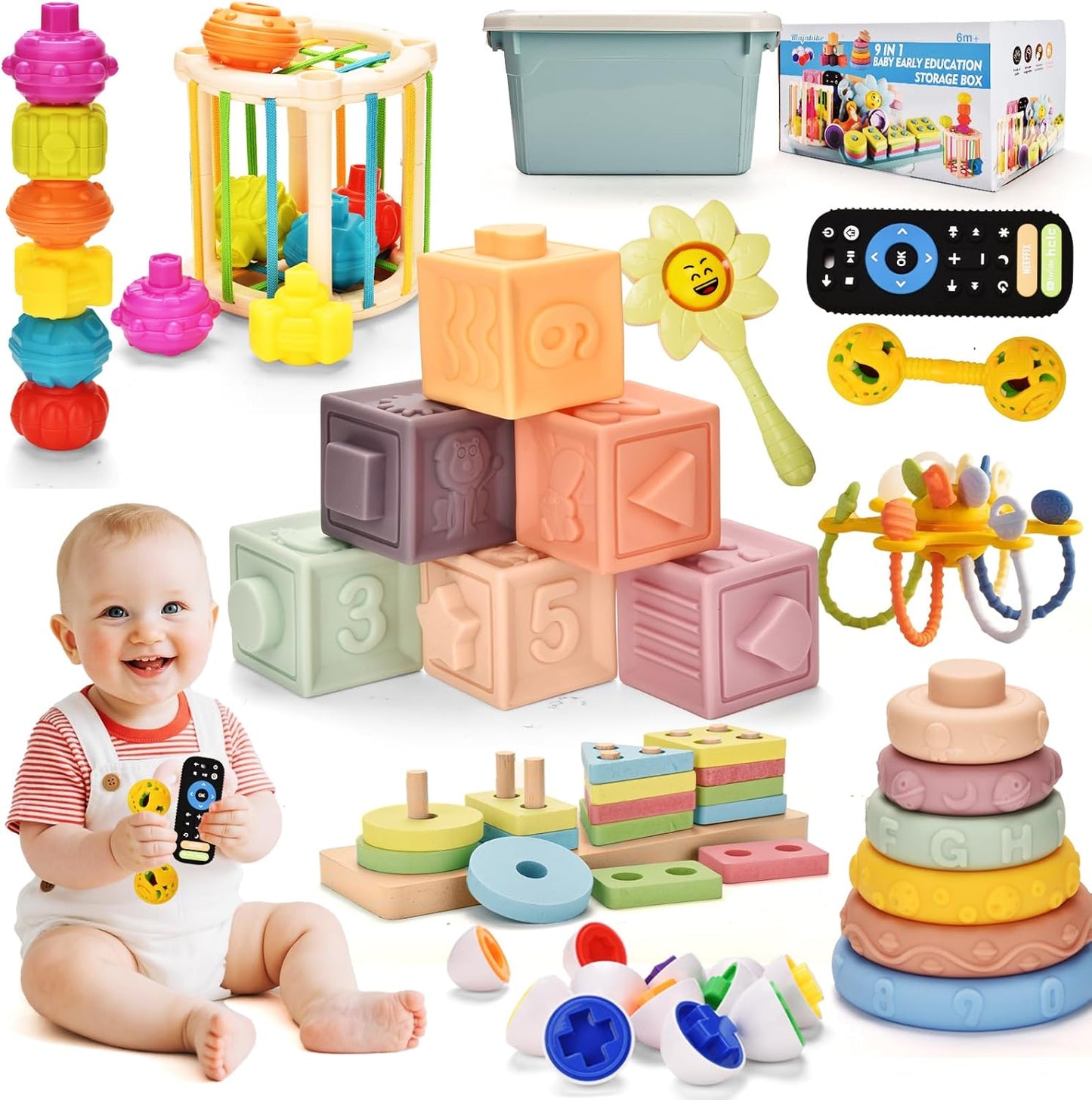 Baby Toys 6 to 12 Months 9 in 1 Montessori Teething Toys Sorting Sensory Educational Learning Gift for Toddlers Aged 1-3
