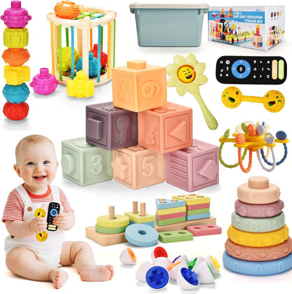 Baby Toys 6 to 12 Months 9 in 1 Montessori Teething Toys Sorting Sensory Educational Learning Gift for Toddlers Aged 1-3