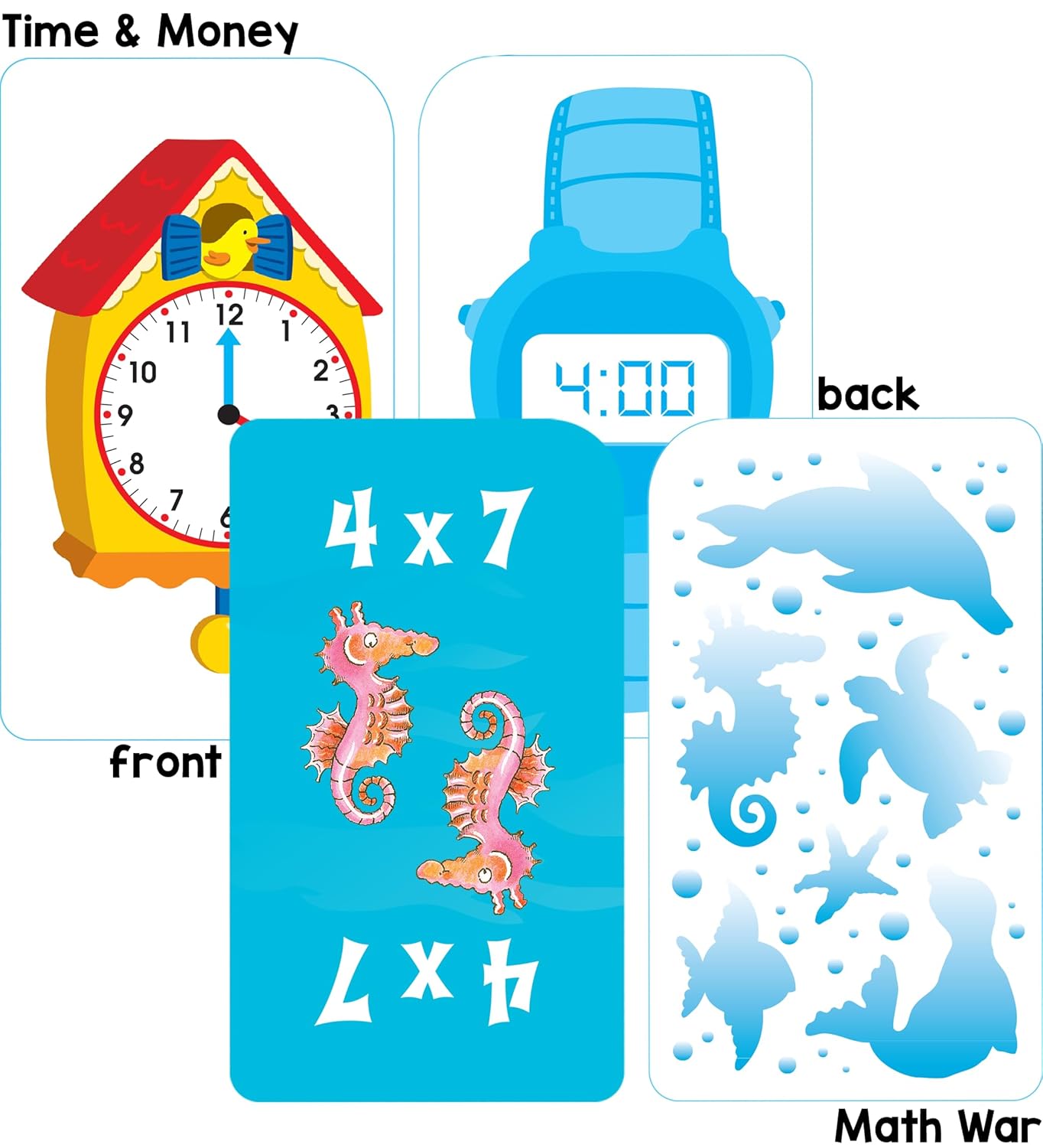 School Zone Math 3-4 4-Pack Flash Cards: 224 Cards, 3rd Grade, 4th Grade, Multiplication 0-12, Division 0-12, Math War Multiplication Game Cards, Time & Money, Telling Time, Coin Values, Ages 6+