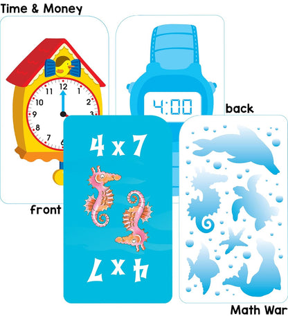 School Zone Math 3-4 4-Pack Flash Cards: 224 Cards, 3rd Grade, 4th Grade, Multiplication 0-12, Division 0-12, Math War Multiplication Game Cards, Time & Money, Telling Time, Coin Values, Ages 6+
