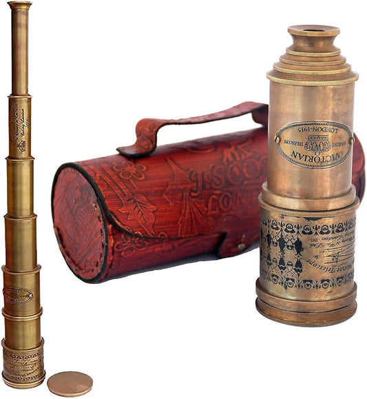 Brass Telescope Antique Telescope 1915 London Brass Maritime Vintage Nautical Spyglass Mounted Pirate with Leather Box, Monocular Nautical Decor for Gifting, Travellers