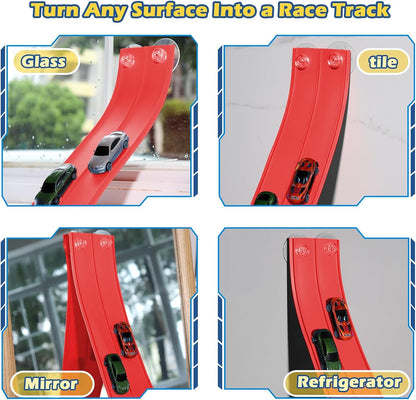 Flex Tracks 15 Ft Starter Set Flexible Race Track for Kids 3+, Flexible Car Track Race Car Ramp Track Compatible with Diecast 1/64th Cars, Portable Rolls Up Race Tracks with Strong Suction Cups