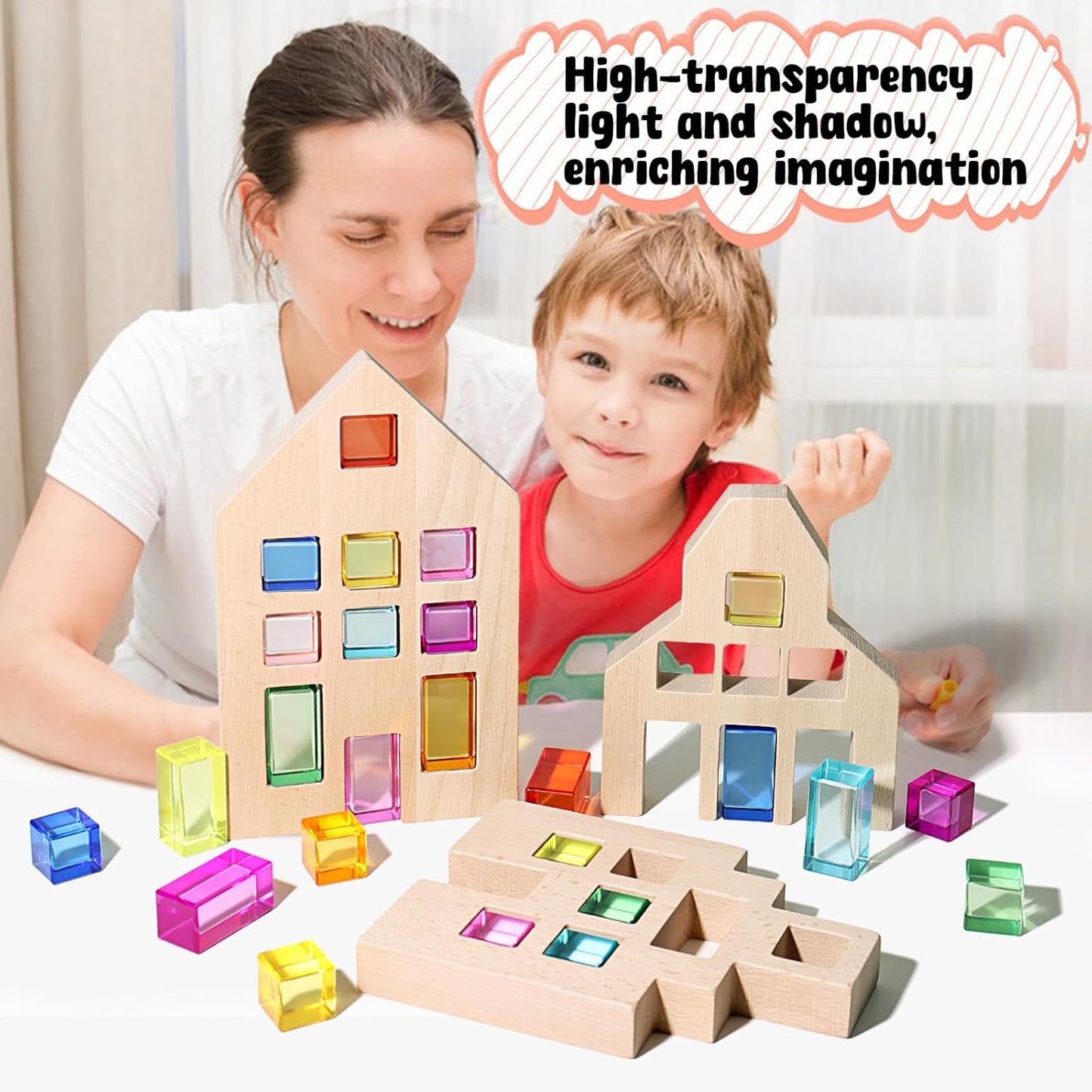 30 Pcs Mixed Acrylic Blocks Set - 10 Long (2.5x2.5x5CM) + 20 Cube (2.5x2.5x2.5CM) Rainbow Gem Blocks, Sensory Stacking Toy for 1 2 3 4 Years Old, Boys Girls Gift with Rich Building Possibilities