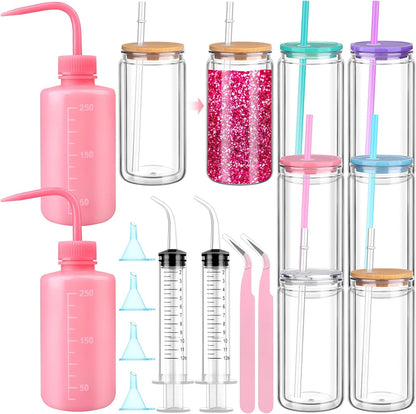16 Pcs Snow Globe Tumbler Supplies Including 16 oz Plastic Snowglobe Cups with Lids and Straws Squeeze Bottle Bent Spout Syringe Tweezers Funnels for Glitter Snow Globe DIY Craft Gifts
