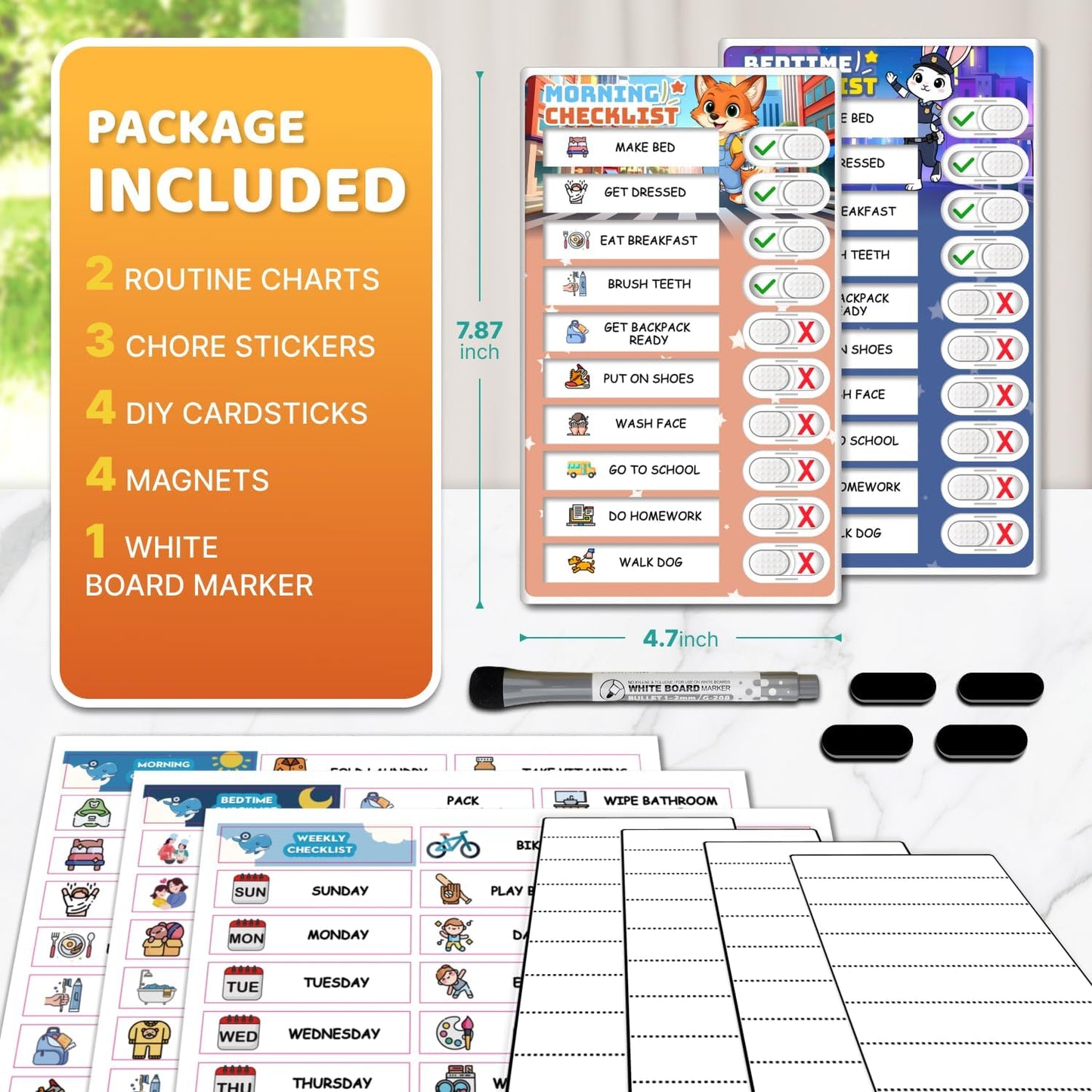Dry Erase Kids Chore Chart for 2 Kids Pink and Blue - Magnetic Routine Chart with Slider Cute Design Stickers, Morning Bedtime Routine Chart for Toddlers Visual Schedule for Kid