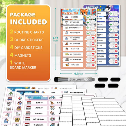 Dry Erase Kids Chore Chart for 2 Kids Pink and Blue - Magnetic Routine Chart with Slider Cute Design Stickers, Morning Bedtime Routine Chart for Toddlers Visual Schedule for Kid