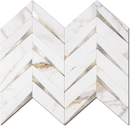 STICKGOO 10-Sheet Herringbone Tile Peel and Stick Backsplash, Beige Mixed Metal Gold PVC Stick on Backsplash, Self Adhesive Wall Tile for Kitchen and Bathroom