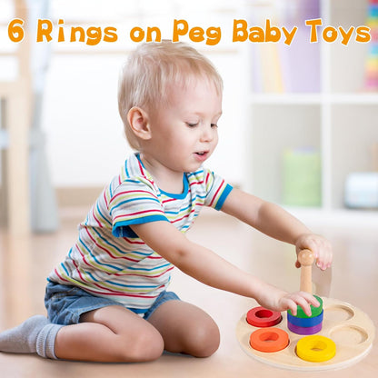 Adena Montessori Wooden Stacking and Sorting Ring,Wooden Rings on Peg,Colorful 5 Shapes on Curved Peg Horizontal Dowel Variation,Fine Motor Skills Development Toys for 1 2 3 Years Old Toddlers
