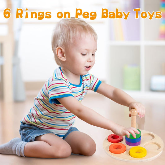 Adena Montessori Wooden Stacking and Sorting Ring,Wooden Rings on Peg,Colorful 5 Shapes on Curved Peg Horizontal Dowel Variation,Fine Motor Skills Development Toys for 1 2 3 Years Old Toddlers