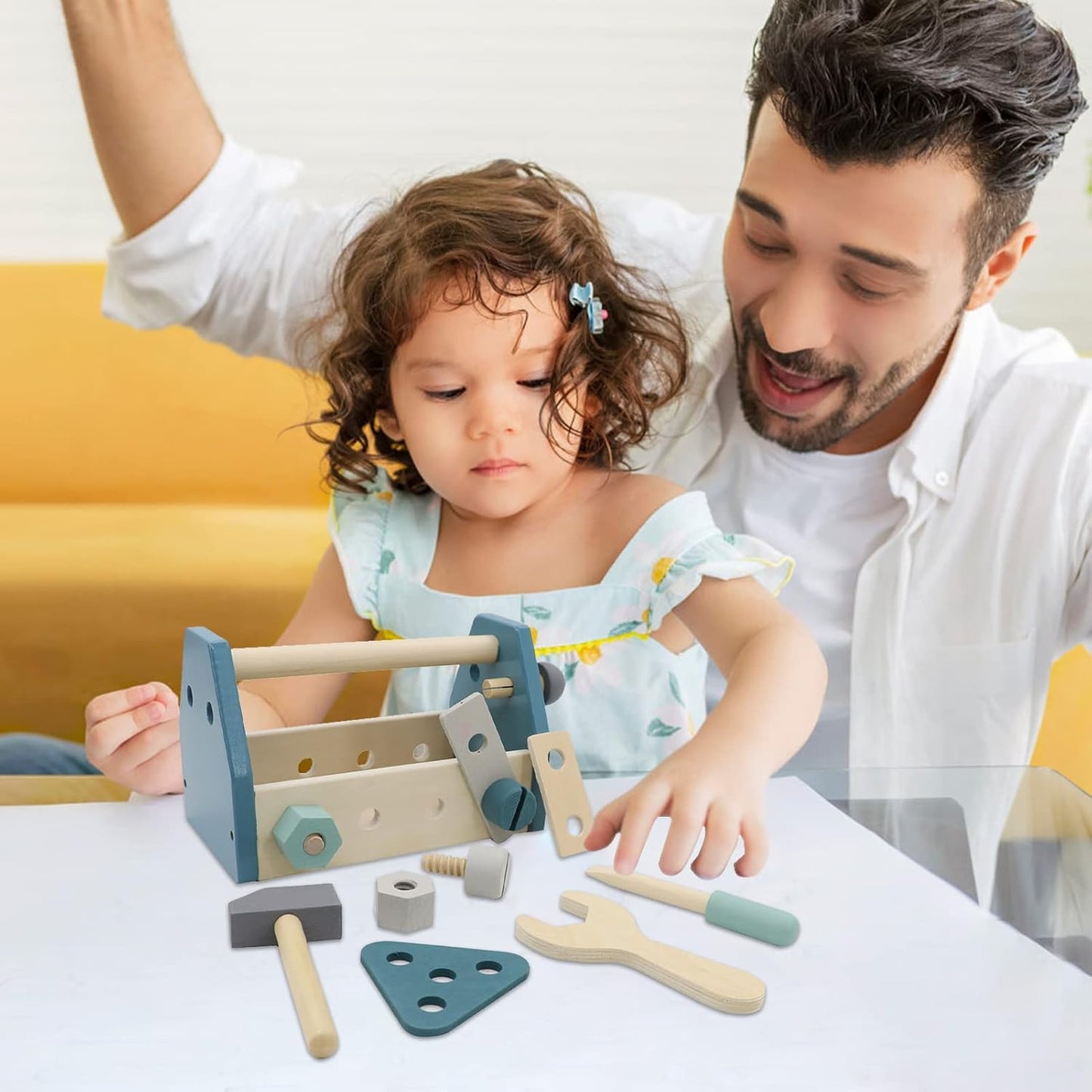 Montessori Wooden Tools Kit Toddler Educational Construction Kids Toys Sets Play Box Preschool Play Tool Wooden Construction Toy（Yellow）