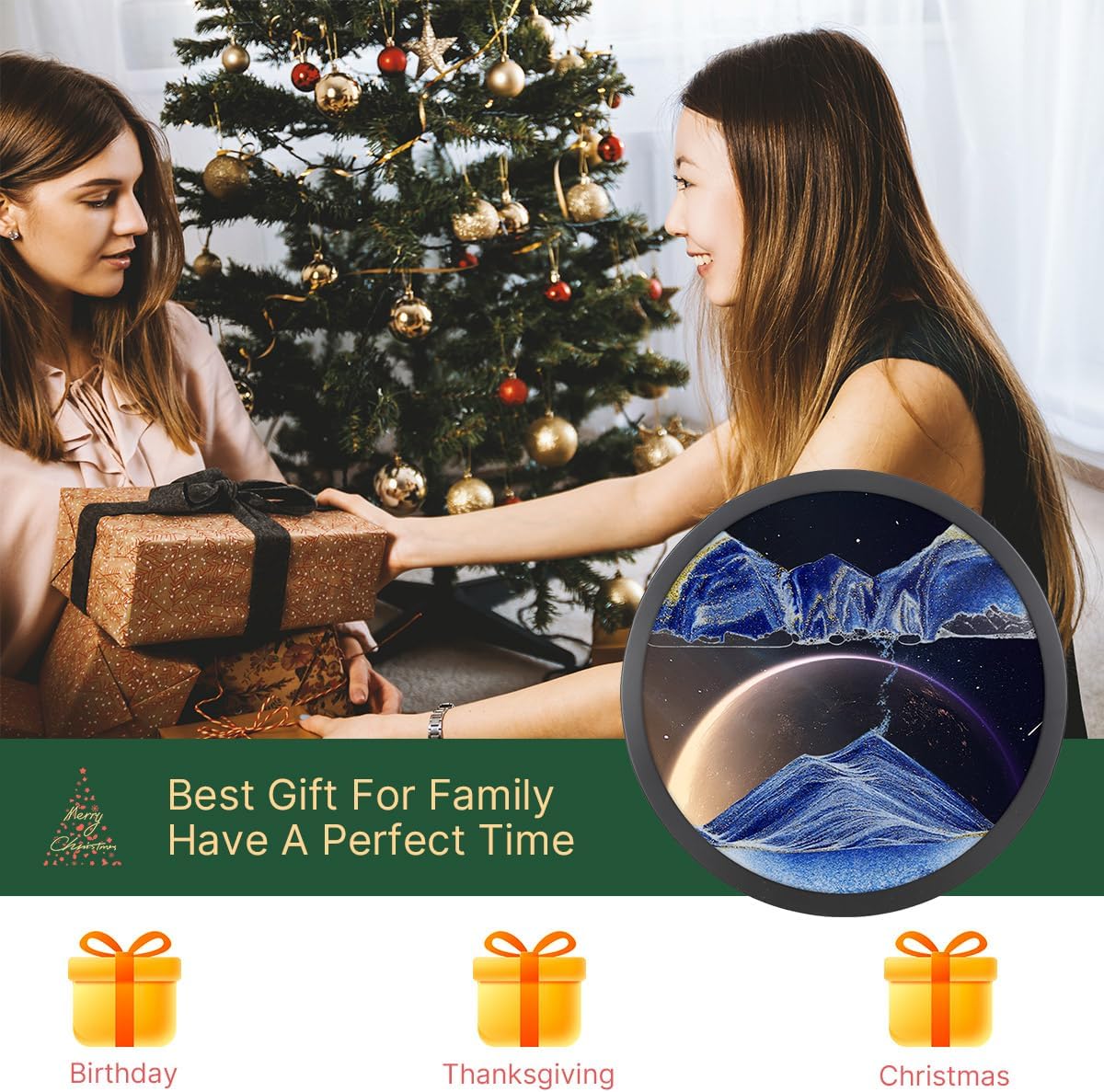17.3" Moving Sand Art, 3D Sand Art Pictures Deep Sea Sandscape Living Room Decoration, 360° Rotate, Glass Crafts Solid Wood Frame, Relaxing Mood Home Office Work Wall Art Decor