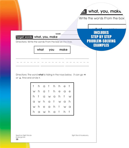 Spectrum Sight Words Kindergarten Workbooks, Phonics Book With Reading and Writing Practice, Vocabulary, Sentence Strips, and Flash Cards, Language Arts Classroom or Homeschool Curriculum