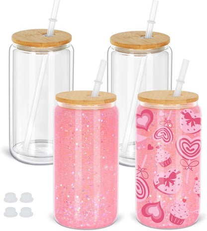 16 Oz Snow Globe Tumbler, 8 Pack Pre-Drilled Sublimation Glass Cup For Glitter Snow Globe Diy, Double Wall Sublimation Glass Tumbler