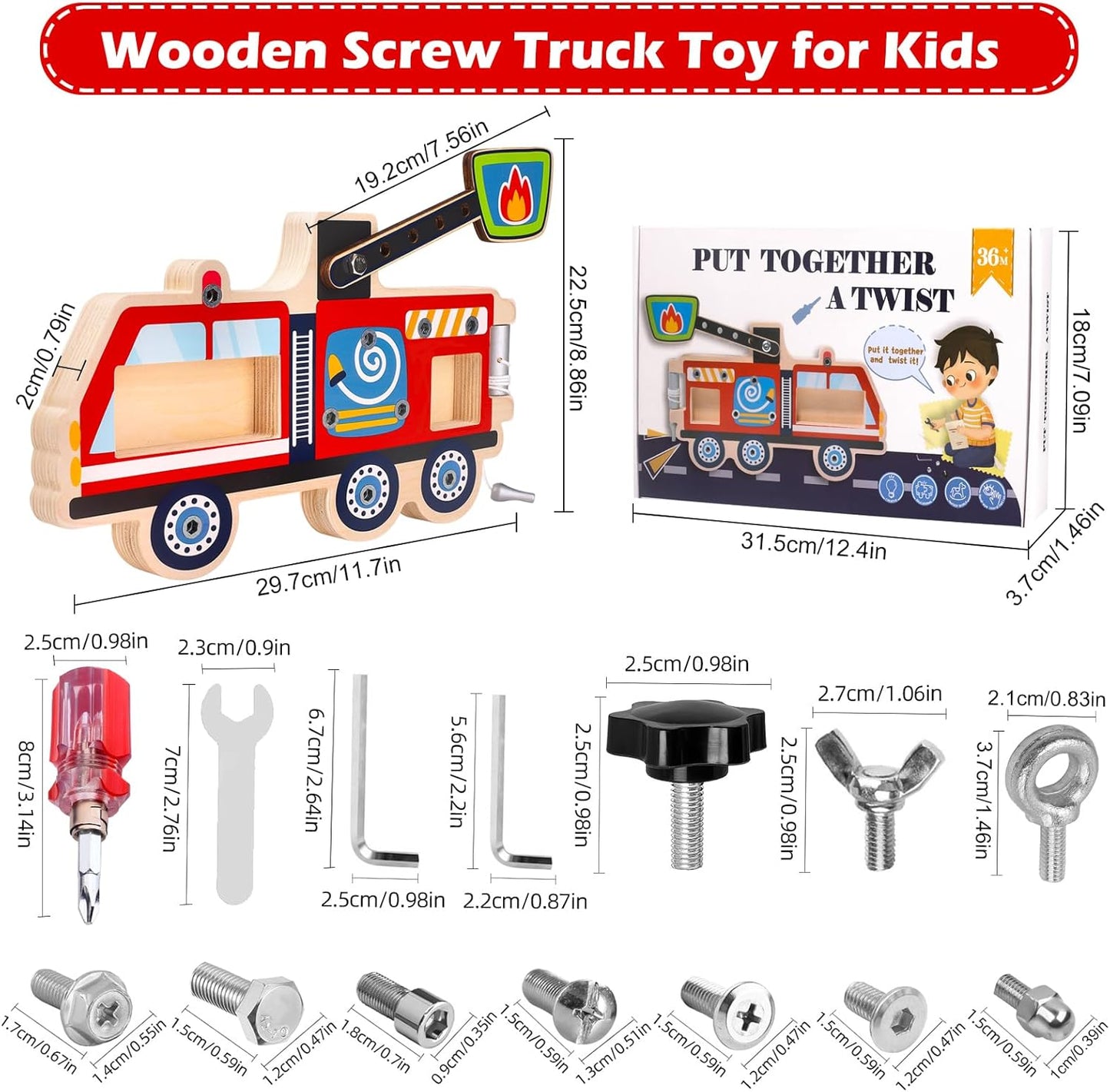 Montessori Screwdriver Busy Board Fire Truck – Wooden STEM Fine Motor Skills Sensory Learning Toy for Kids Ages 2–6, Great Gift for Boys and Girls,with Storage Bag