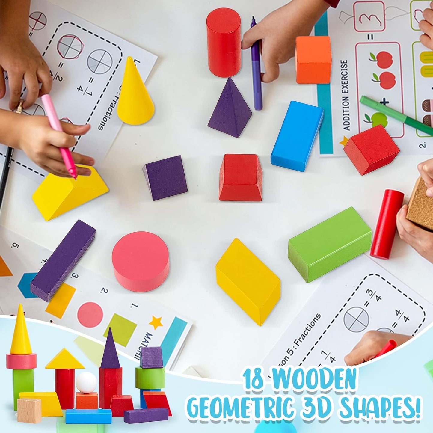 Deekin 18 Pcs Large 3D Shapes for Teaching Math Manipulatives Geometric Solids Blocks Montessori Learning Blocks Solid for Preschool Elementary Home School Supplies (3D Shape)