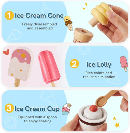 HERSITY Wooden Ice Cream Counter Pretend Play Food for Toddlers 3-5, Ice Cream Shop Stand Popsicle Toy Set Gifts for 3+ 4 5 6 Year Old Girls Boys, Pink