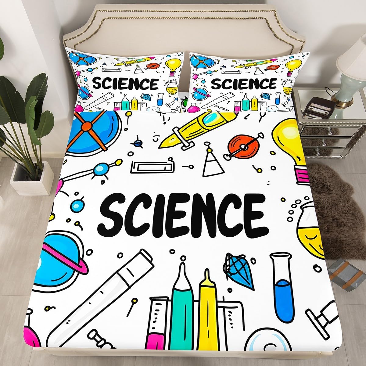 Chemistry Bed Sheets for Kids Teens Girls Boys,Chemical Experiment Fitted Sheet Twin,Science Themed Sheets for Math Lovers,Chemistry Lab Bedding Set,White and Black