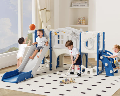 67i 10-in-1 Toddler Playground Set with Slide & Climber, Indoor Outdoor Play Gym for Toddlers 1-3, Quick Compact Setup Kids Playset with Basketball Golf Ring Toss Telescope Dino Area (Blue Gray)