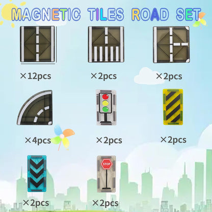 Magnetic Tiles Road Set, Magnet Tiles for Kids Ages 3-5 4-8 5-7, Magnetic Building Blocks Montessori Educational STEM Creativity Toys 3+ Year Old Boys & Girls Toddlers Kids Christmas Birthday Gifts