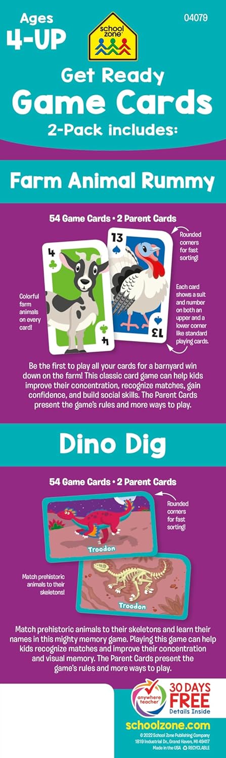 School Zone Get Ready Game Cards Farm Animal Rummy & Dino Dig 2-Pack: 108 Flash Cards, Preschool, Kindergarten, Numbers, Counting, Spelling, Matching, Dinosaurs, Word-Picture Association, Ages 4+