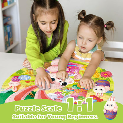 Easter Puzzles for Kids Ages 4-8, Easter Basket Stuffers 79 Pieces Kids Floor Puzzles Ages 4-6, Large Round Jigsaw Puzzles for Toddler, Bunny Puzzle Educational Toys Gifts for Girls Boys