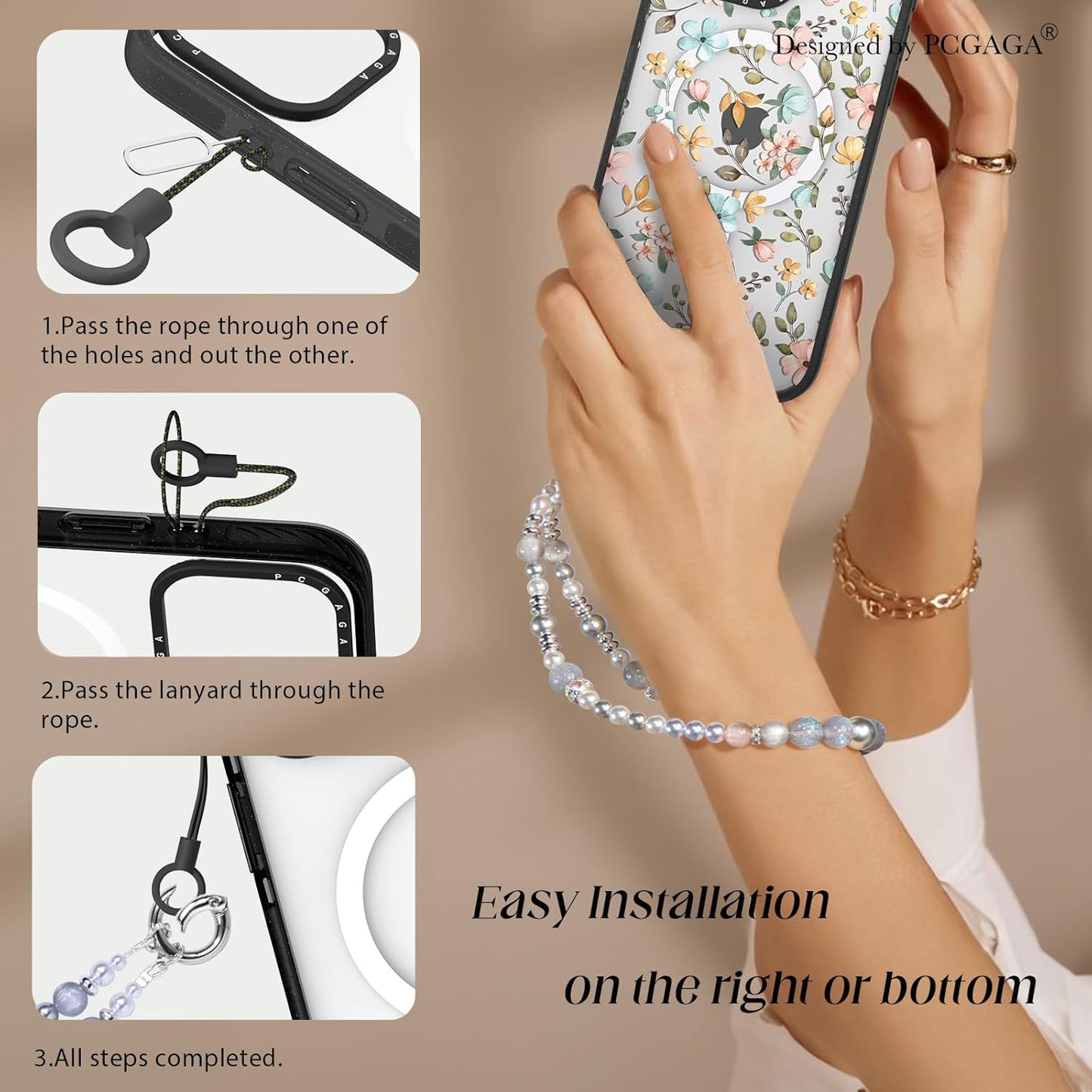 pcgaga Pearl Beaded Phone Charm, Phone Wrist Strap, Handmade Bracelet Straps, Anti-Lost Lanyard Wrist Chain for Airpods Women Girls Gift, Keychain etc (Gray Iceland)
