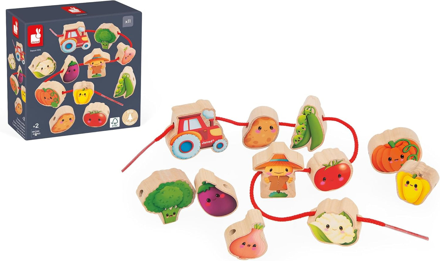 Janod - Stringable Farm-Themed Wooden Beads Set 11 Pieces - Designing Custom Jewelry - Imagination Development - Boosts Creativity and Motor Skills - Encourages Imaginative Play