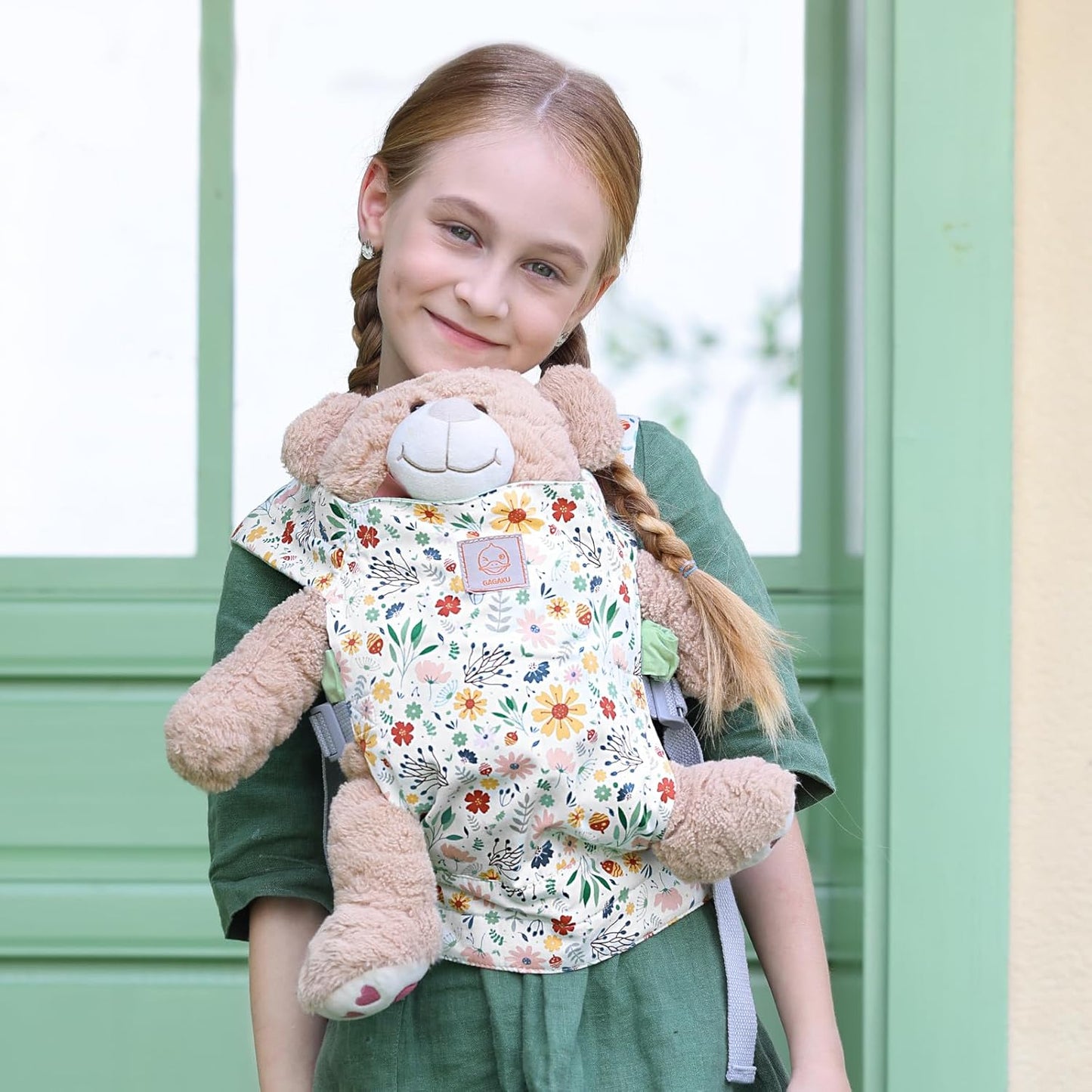 GAGAKU Doll Carrier for Kids, Toy Baby Doll Carrier, Reborn Dolls Carrier Toy Baby Sling with Adjustable Straps, Baby Doll Accessories - Green - Camellia