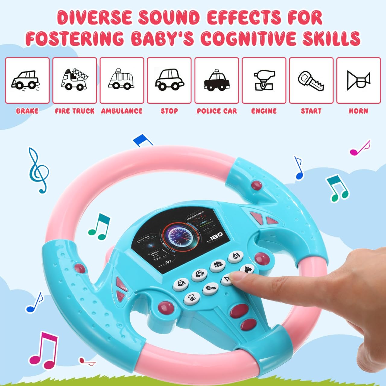 TOYANDON Kids Steering Wheel - Toddler Steering Wheel Toy, Simulated Driving Racing Car Game Controller, Pretend Driving Toy with Light and Music Electric Sounding Effects for Boys Girls (No Battery)