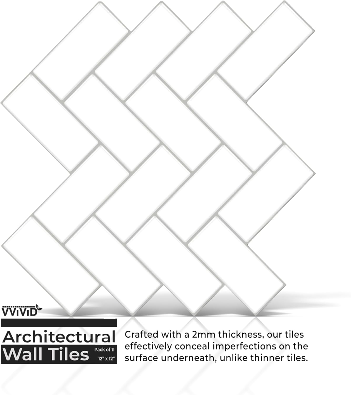 VViViD 11 Sheets Peel and Stick Grey Gloss Faux Ceramic Brick Wall Tiles, Self Adhesive Backsplash 12”x12”, 2mm Thick Kitchen, Bathroom (11 sq. ft.)