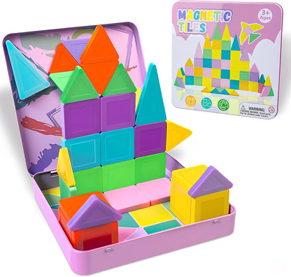Mini Magnetic Tiles,42PCS Magnetic Building Blocks with Metal Storage Box,STEM Toys for Kids Ages 3+,Sensory Toys for Kids with Autism