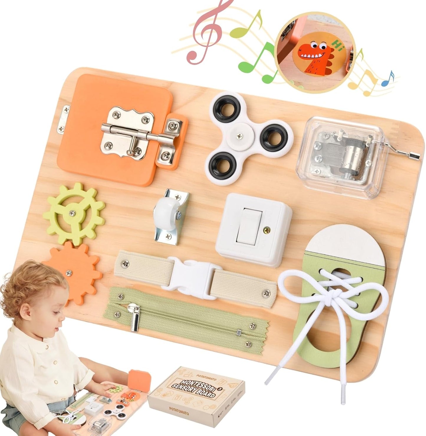Potatomato Busy Board Toddlers - Montessori Educational Fidget Toys for Baby 1 2 3 4 Years Old - Wooden Sensory Toys Autistic Children - Preschool Learning Activities Fine Motor Skills – Travel Toy