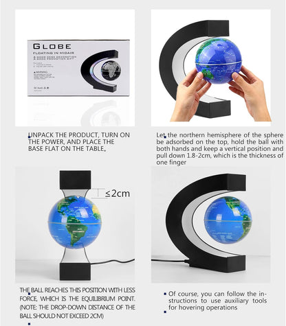 Magnetic Levitation Floating Rotating World Globe with LED Light - C Shape Anti Gravity Levitating Globe for Desk Office Decor, STEM Educational Map, Unique Tech Gift for Men Kids Boss, 3.5 Inches