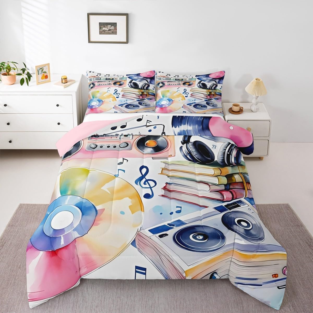 Erosebridal Drum Kit 3D Print Kids Comforter Sets Rock Music Themed Full Bedding Set for Boys Girls Musical Pattern Comforter Set,Colorful Retro Style Quilt Duvet 3 Pcs