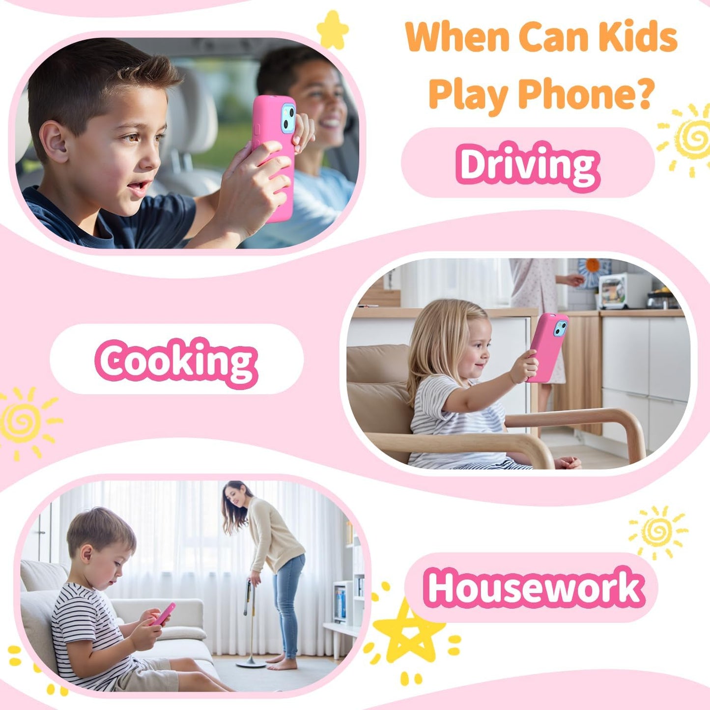 MOMILLA Kids Smart Phone Toys for Girls, 3.97” Touchscreen, Dual Cameras with Stickers, 200+ Games & 16GB Storage, Christmas Birthday Gifts for Kids Age 3-10, Educational Mini Toddler Play Phone Toy