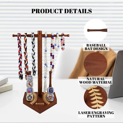 rain bunny Wooden Baseball or Softball Drip Necklace Organizer Holder, Championship Ring Display Holder, Softball Ring Holder, Drip Necklace Baseball Display Gift (Walnut Red)