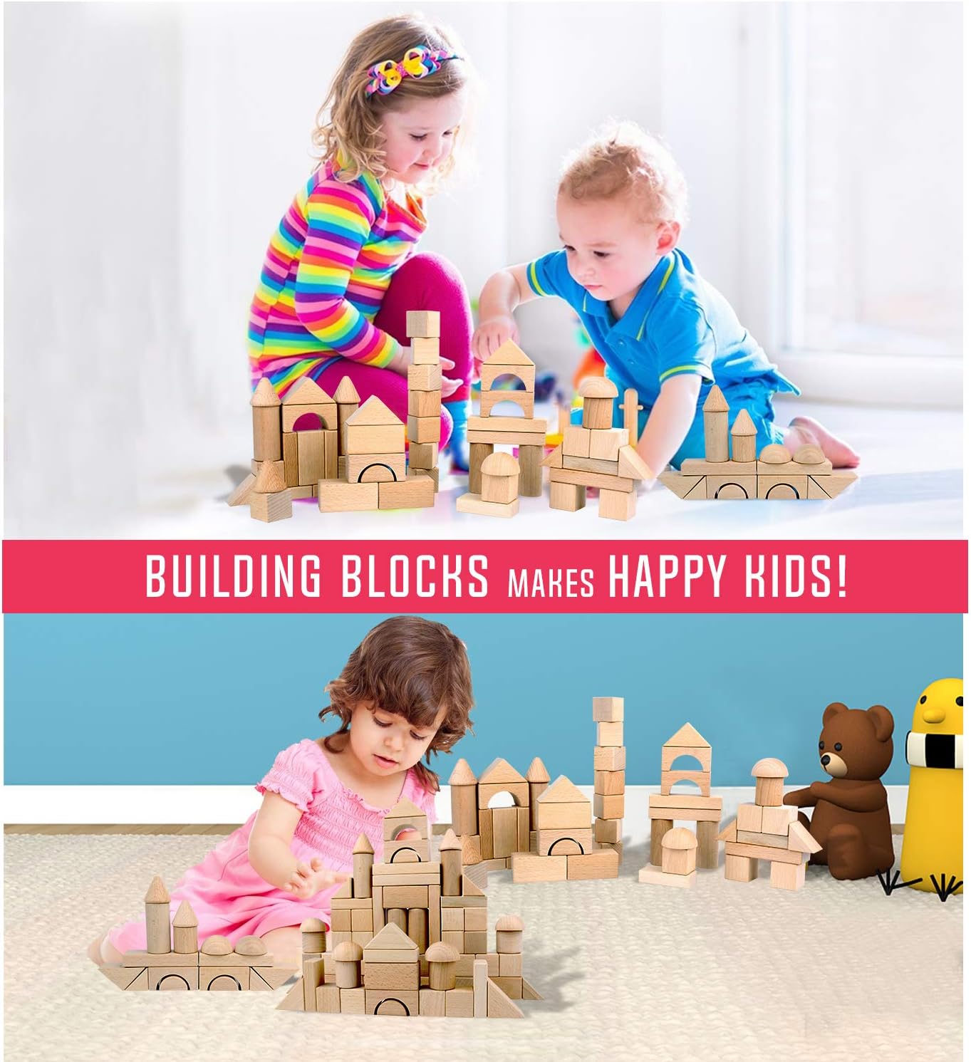 Migargle Wooden Building Blocks Set for Kids - Stacker Stacking Game Construction Toys Set Preschool Colorful Learning Educational Toys - Geometry Wooden Blocks for 3+ Year Old Boys & Girls