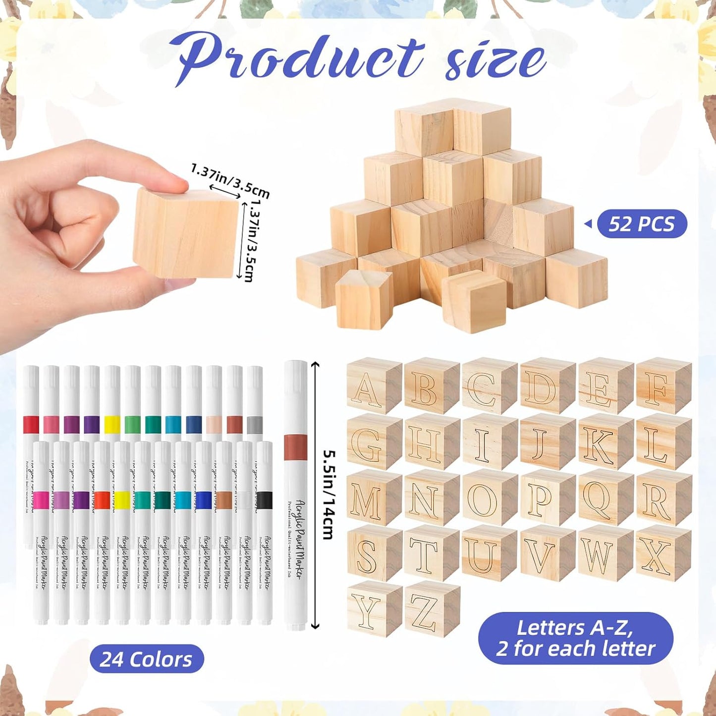 117 Pcs Baby Shower Blocks to Decorate Game Kit Includes 52 Wooden Blocks 24 Markers 1 Game Sign 40 Templates to Paint (Kraft)