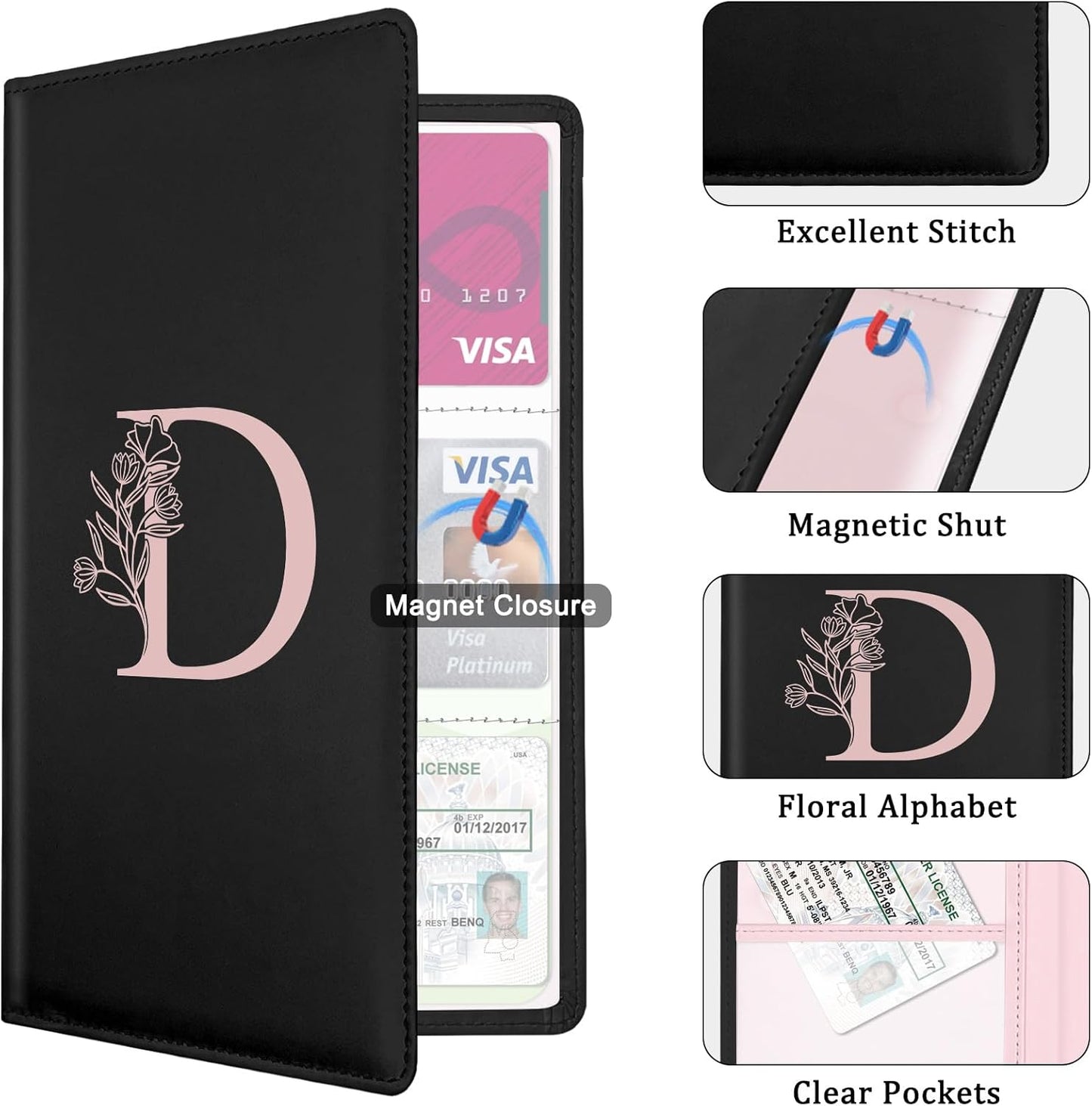 Letter Car Registration and Insurance Holder, with Magnetic Closure for License, Cards and Documents,Vehicle Glove Box Car Organizer, Interior Car Accessories for Women Men (I)