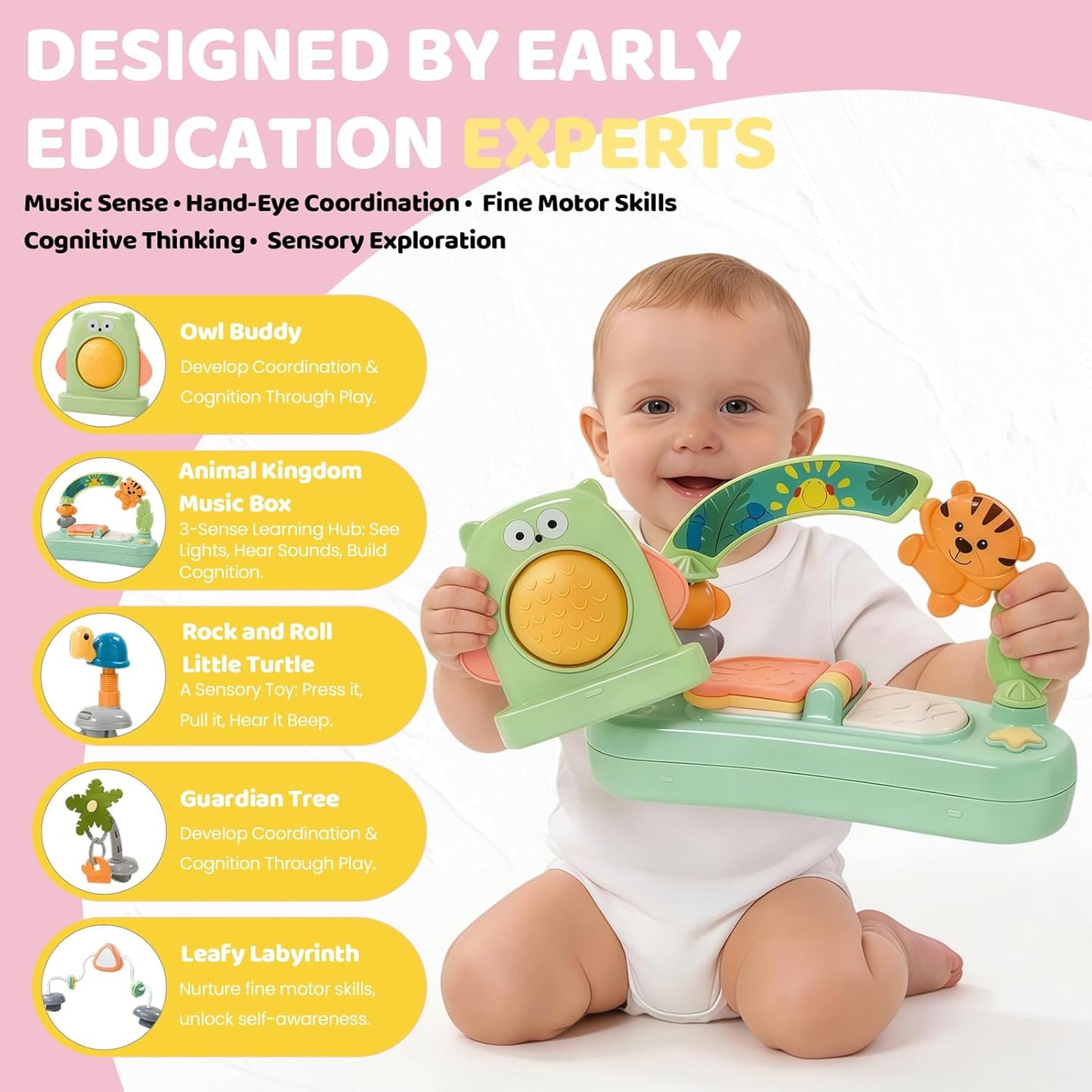 Time Followers® 6-in-1 Baby Activity Center | 4 Stage Montessori-Inspired Toys | Grow Stationary Standing Toddler Table | Jumpers & Bouncers | Must Have for Boy & Girl 6, 12, 24+ Month Old (White)