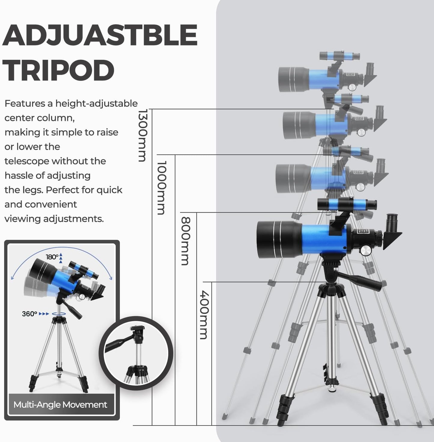 ESAKO Telescope for Kids & Beginners, 70mm Aperture Portable Telescopes with 3 Eyepieces, Height Adjustable Tripod & Phone Adapter & Remote Control Gift for Christmas