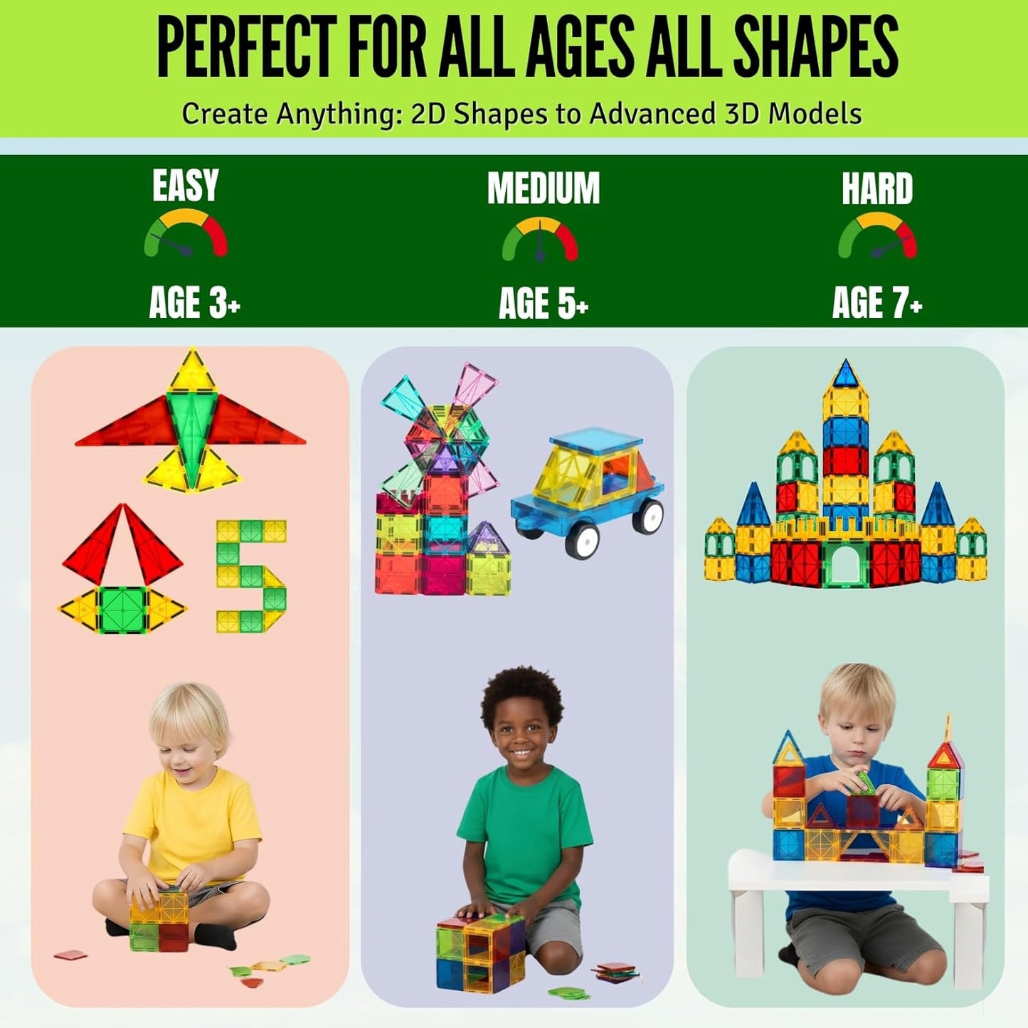 Magnetic Tiles 100 pcs with 2 Cars, STEM Building Blocks for Kids, Educational Gift, Magnet Construction Toys for Toddlers, School Teacher Supplies, Classroom Must-Haves